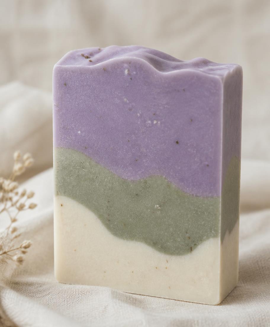 Lavender, sage and cream layered handmade soap bar