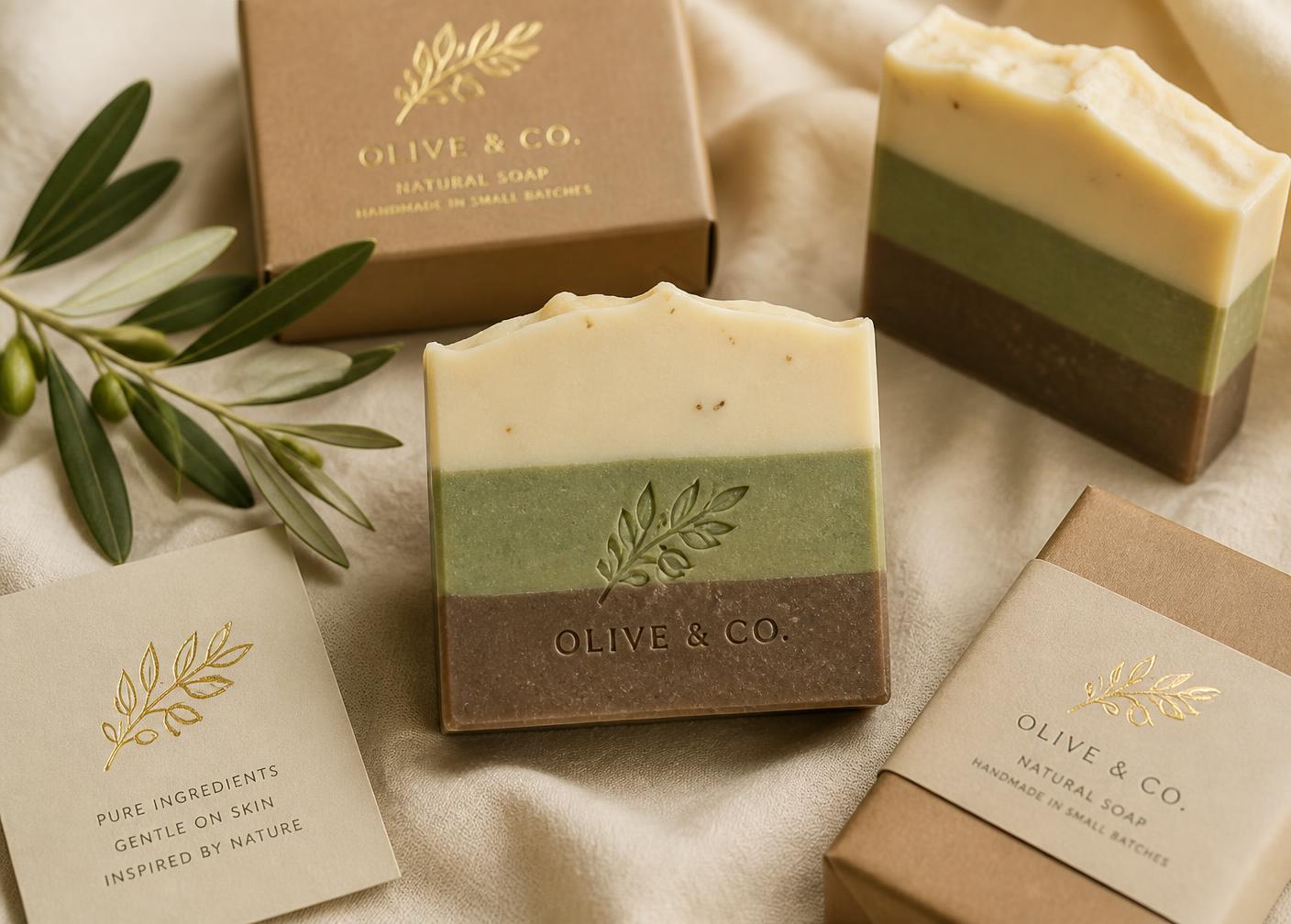 Handmade three-layer soap bars with kraft gift boxes